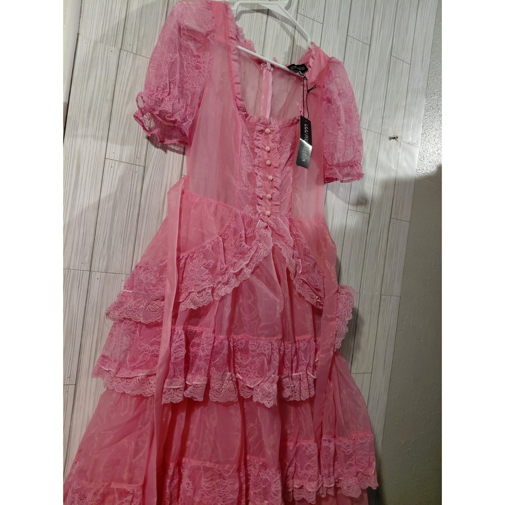 Dolls Kill Sugar Thrillz Pink Sheer Organza Tiered Lace Ruffle Maxi Dress NEW XS - Picture 2 of 13